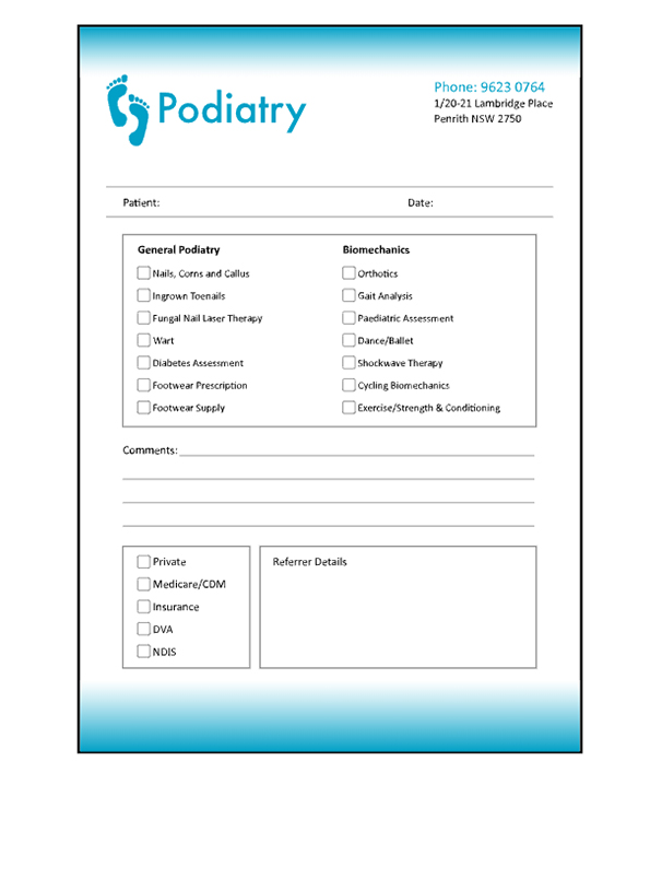 podiatry referral pads & sheets