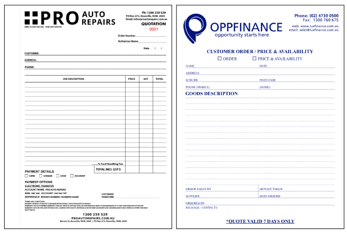 Print Custom Carbonless Books for quotation and invoices